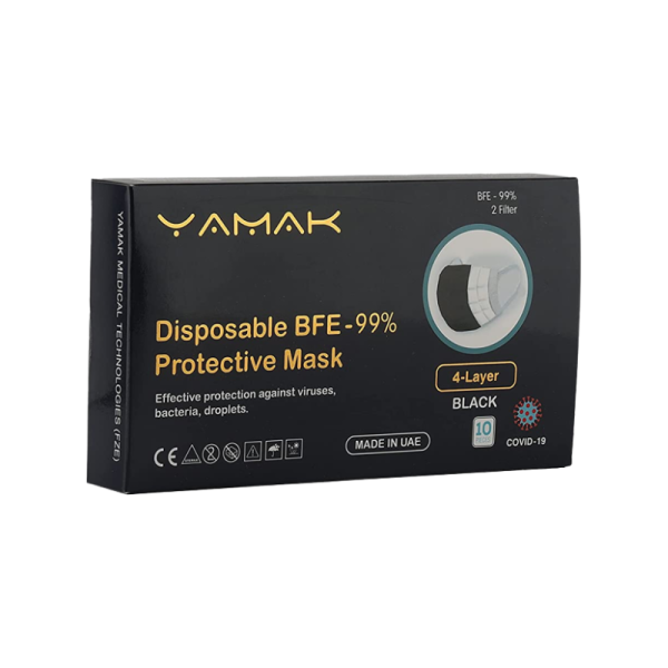 YAMAK disposable Face Mask 4 Layers 10Pcs/Box, (Black)